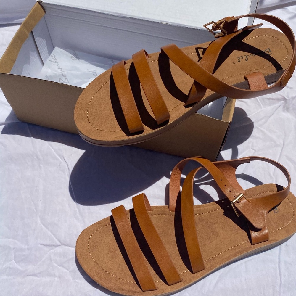 Faux Leather Camel Sandals.